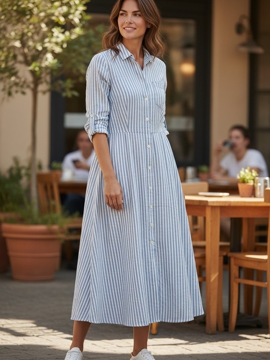Ralph Lauren Dresses & Skirts - RALPH LAUREN | Blue White Stripe Logo Pocket Roll Tab Maxi Shirt Dress | 6